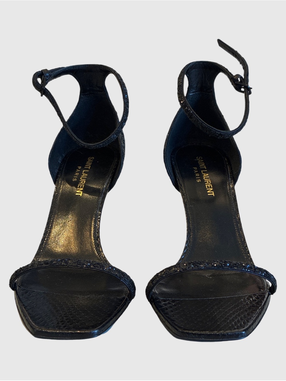 Saint Laurent Black Glitter Logo-Heel Ankle-Strap Sandals sz38 NIB $399 - Picture 4 of 4